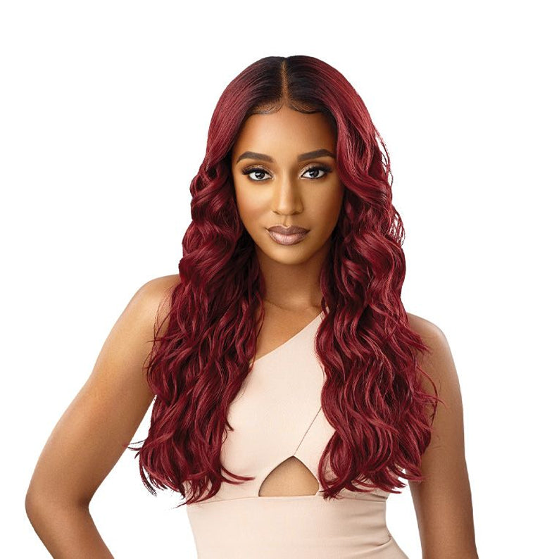 OUTRE 13x6 lace frontal wig long burgundy wavy with middle part and natural hairline for glam looks