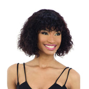 SHAKE N GO Brazilian human hair wig with bangs short curly bob in dark brown on smiling model