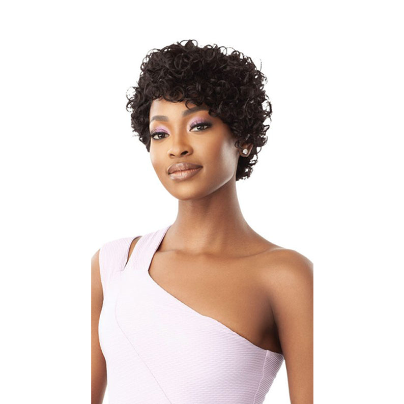 OUTRE 100% human hair curly wig short pixie style dark brown on model with natural hairline