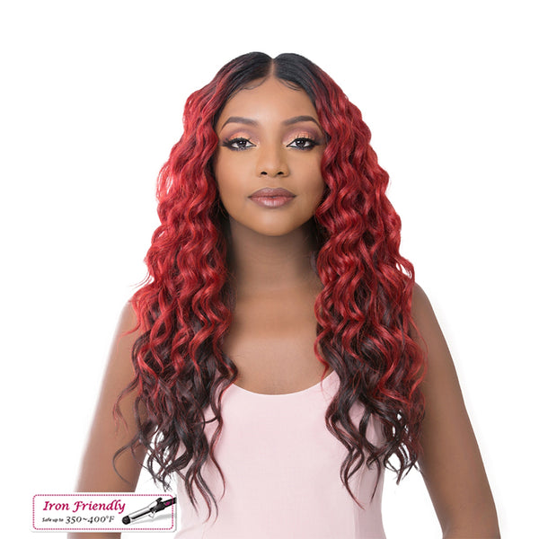 ITS A WIG premium synthetic lace wig long red to black wavy lace front on model for everyday wear
