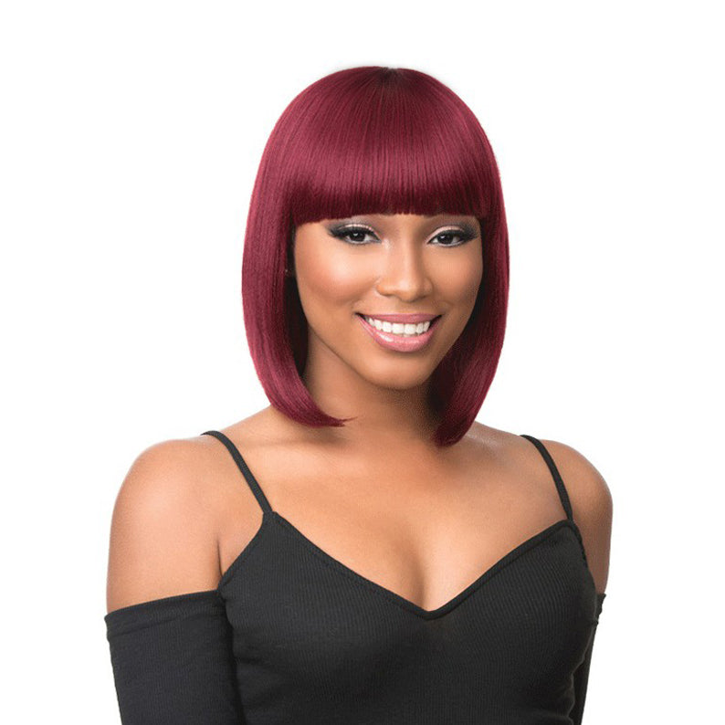 SENSATIONNEL synthetic bob wig with bangs in deep burgundy sleek straight chin length style