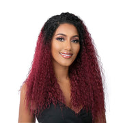 HD lace wig for women burgundy ombre curly long wig on smiling model with natural middle part