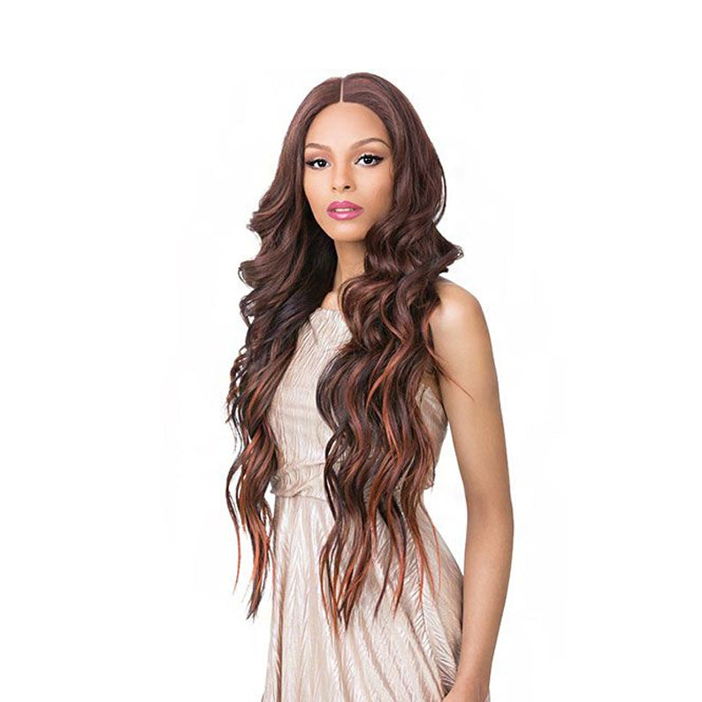 Long wavy brown wig with caramel highlights on model for everyday wear synthetic 13x6 lace front wig center part