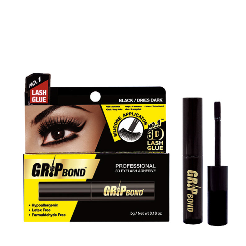 EBIN GRIP BOND professional 3D eyelash adhesive packaging and tube showing latex-free lash adhesive black for false eyelashes