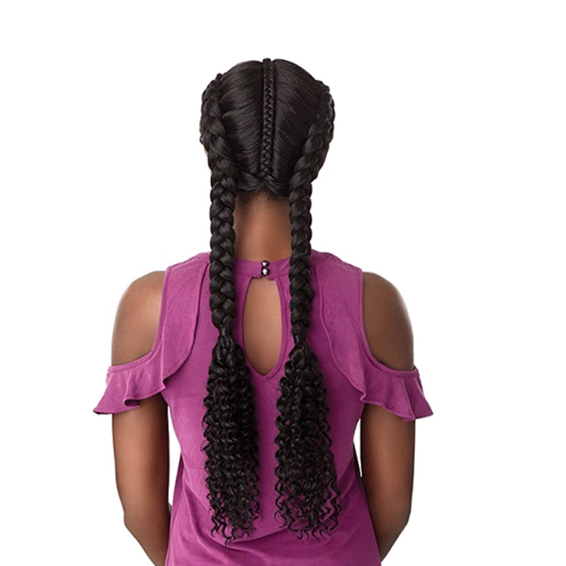 SENSATIONNEL Cloud 9 Swiss lace part wig long black two braided cornrows with curly ends back view