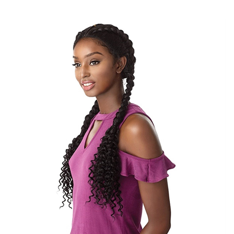 SENSATIONNEL Cloud 9 Swiss lace part wig long black braided style with curly ends on model
