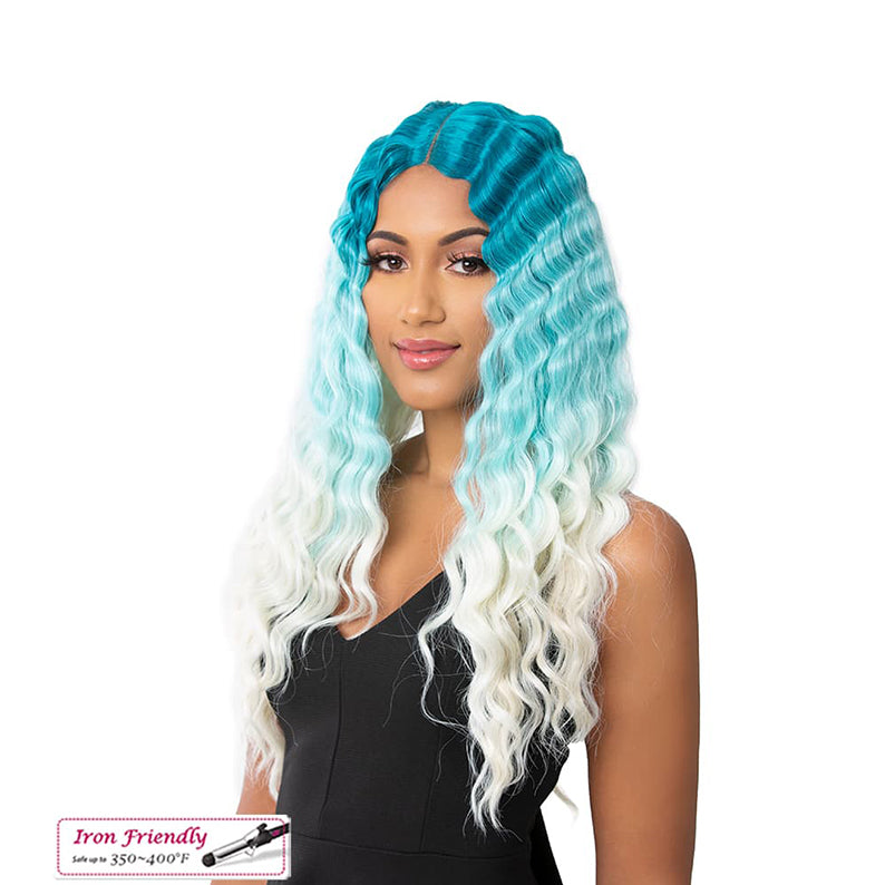 IT'S A WIG HD lace crimped wig in blue to white ombre with long wavy texture on a woman