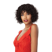 OUTRE 10 inch unprocessed human hair wig short curly black bob with bangs modeled in red dress