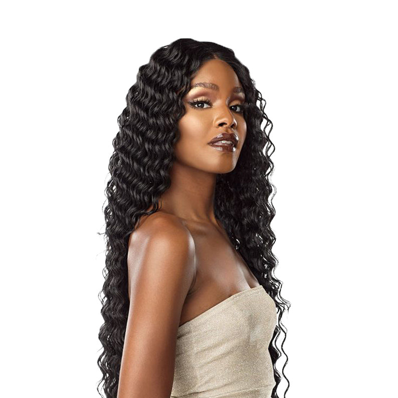SENSATIONNEL Butta Lace Unit 15 wig long deep wave black lace front on model for natural volume and shine