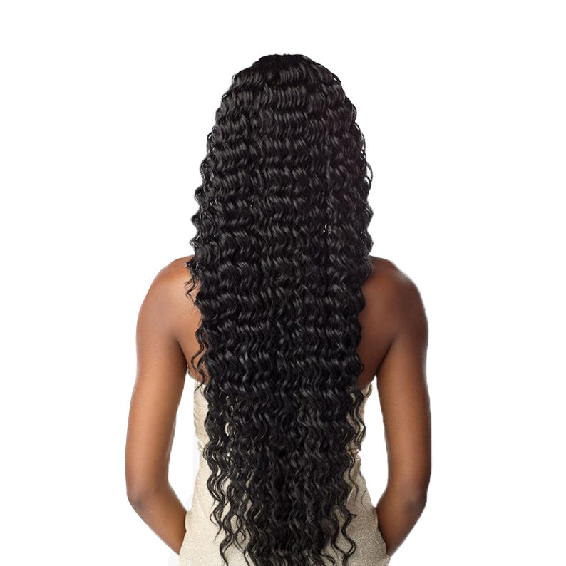 SENSATIONNEL Butta Lace Unit 15 wig long deep wave black on model back view waist length glossy natural texture