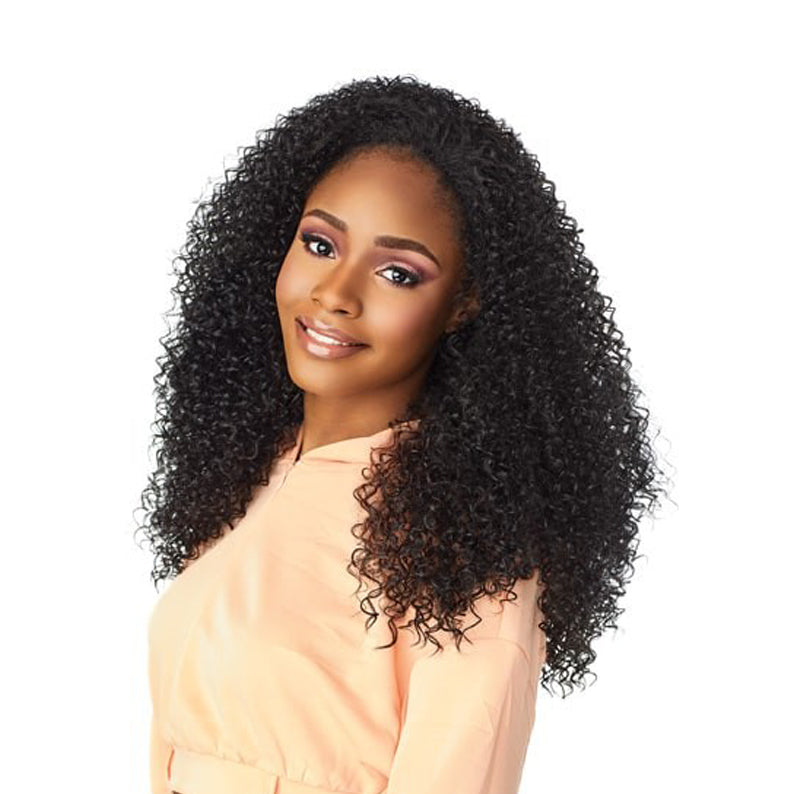 SENSATIONNEL instant up and down ponytail wig deep black long tight curly hair on smiling model