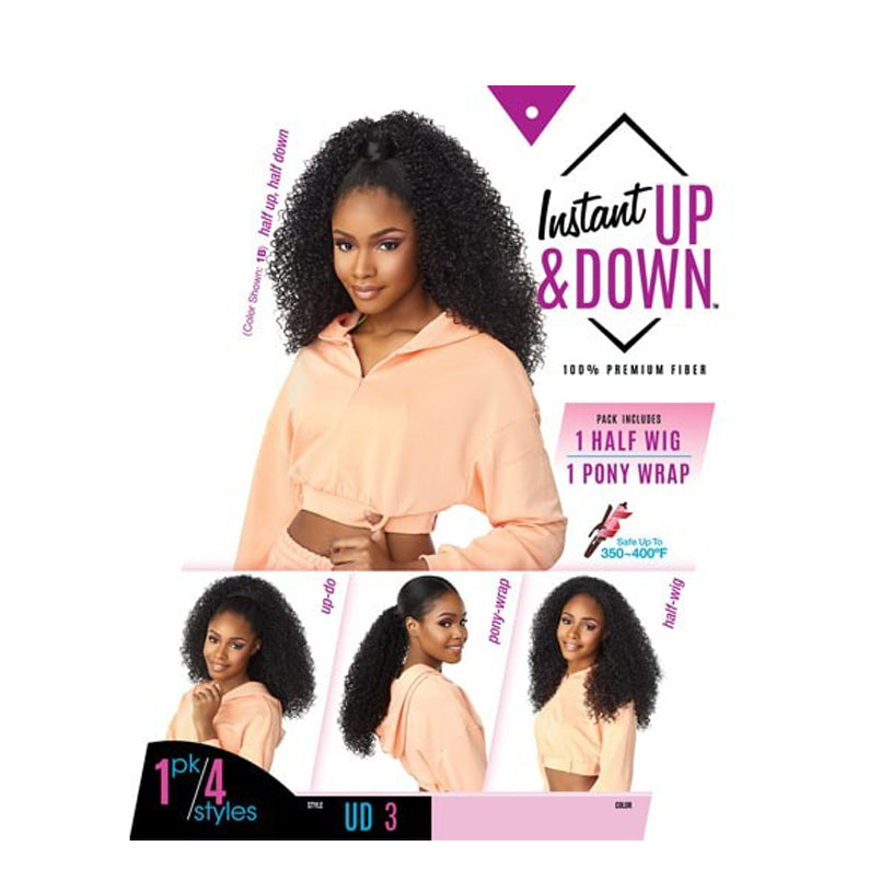 SENSATIONNEL instant up and down ponytail wig packaging showing model wearing curly half wig and ponywrap