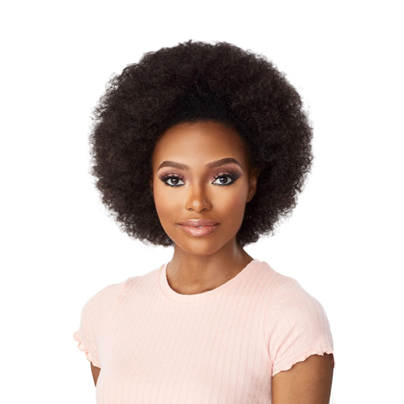 SENSATIONNEL instant weave synthetic half wig natural black afro on model in pink top
