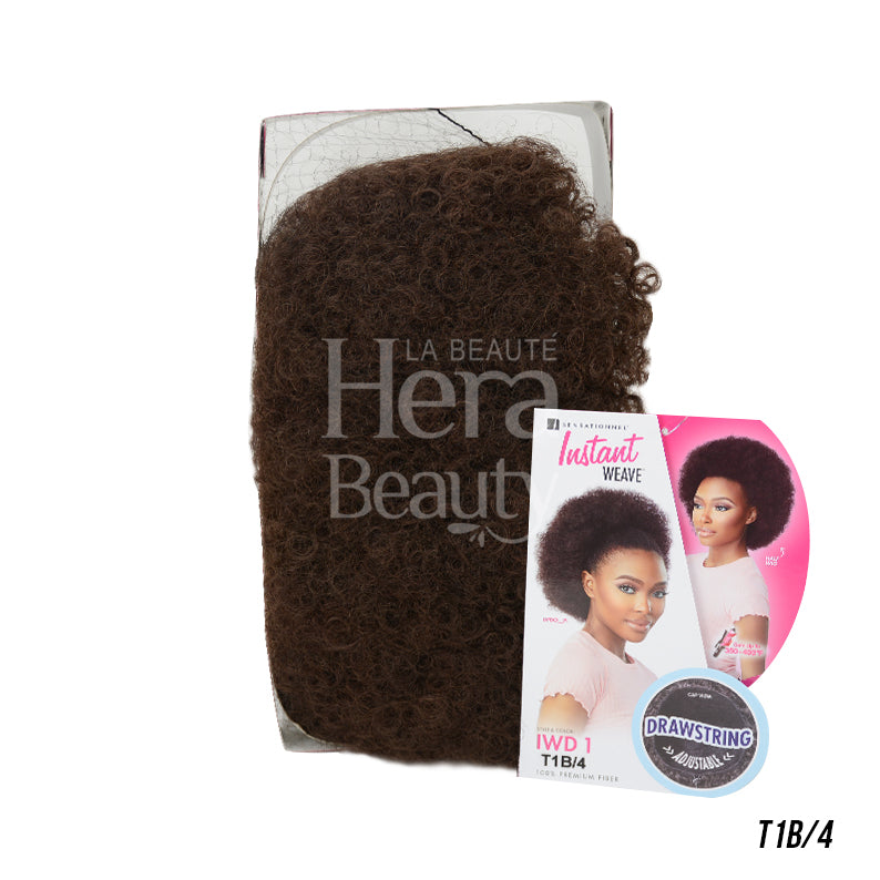 SENSATIONNEL instant weave synthetic half wig T1B4 short kinky afro puff with drawstring pack and model card