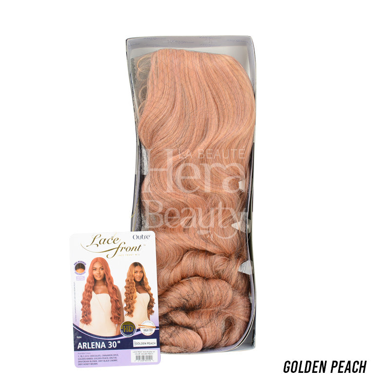 OUTRE lace front wig 30 inch synthetic in golden peach long wavy style with natural hairline