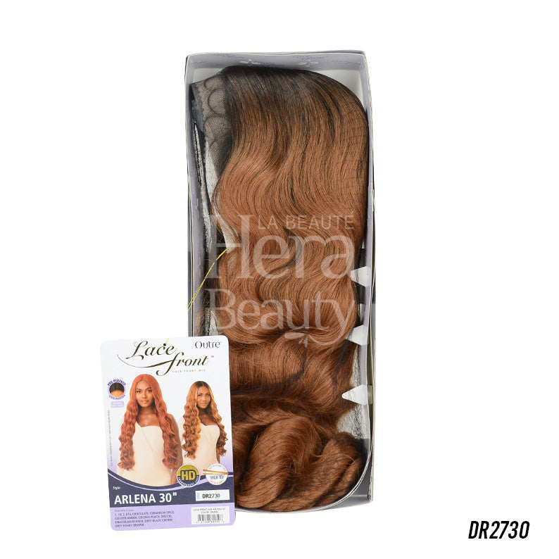 OUTRE Arlena packaged brown ombre wavy hairpiece with box and card showing model lace front wig 30 inch synthetic