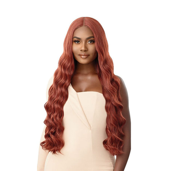 OUTRE lace front wig 30 inch synthetic long wavy auburn hair with center part on model