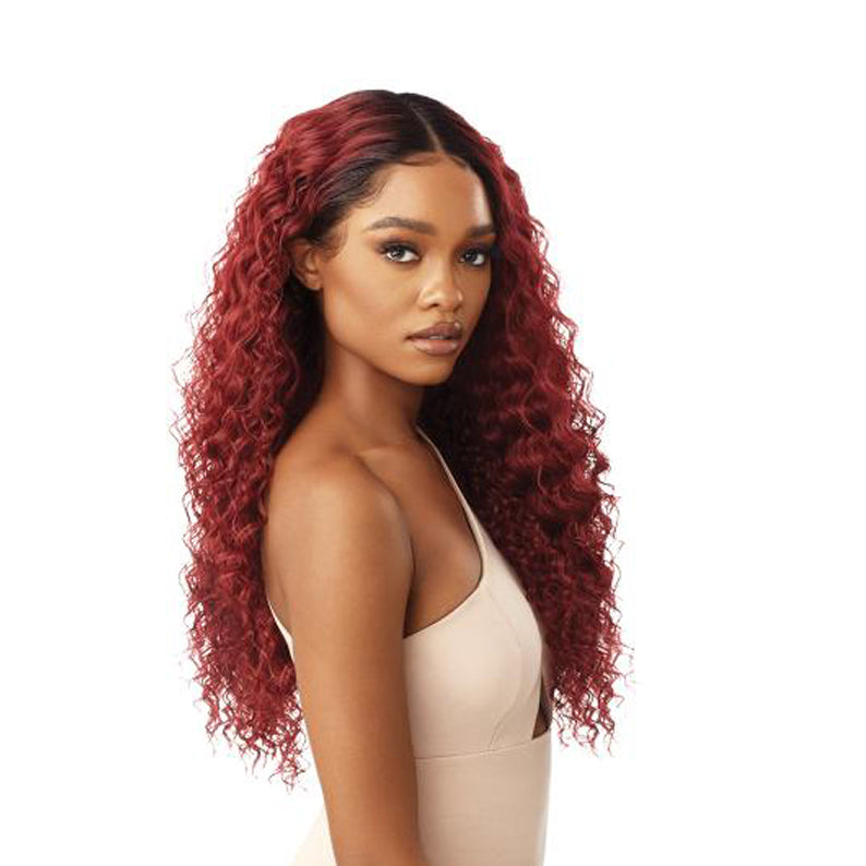OUTRE burgundy long curly wig with middle part and natural edges melted hairline lace front wig