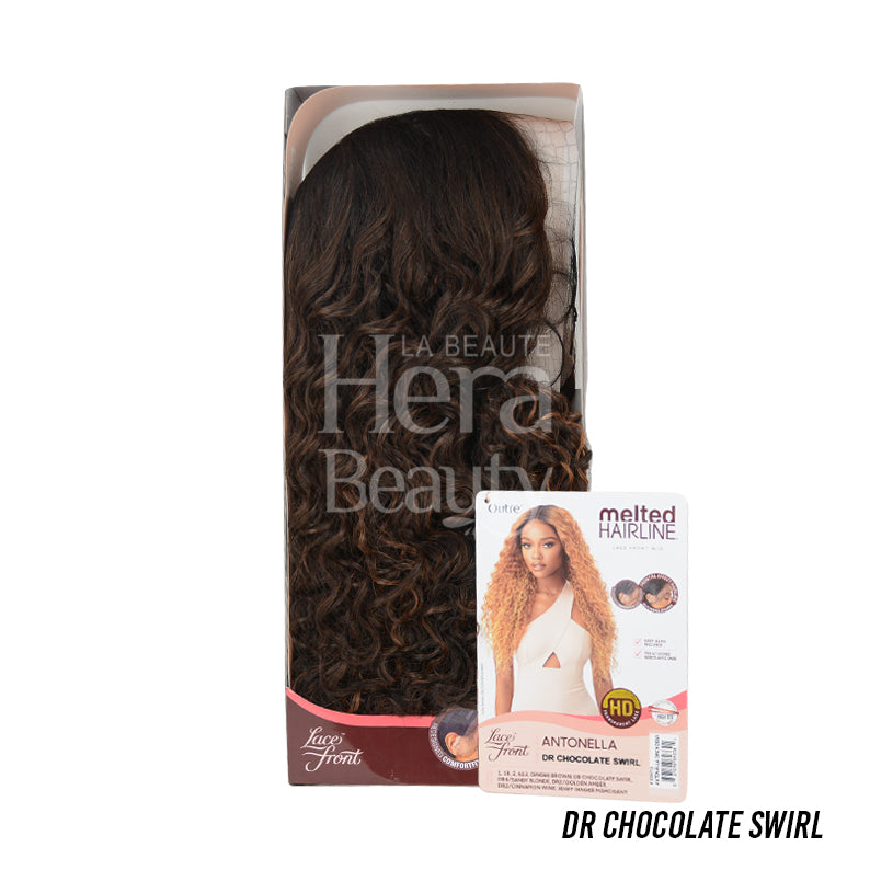 OUTRE Antonella Dr Chocolate Swirl curly wig in box with product card melted hairline lace front wig