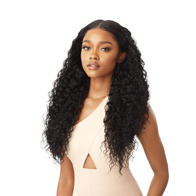OUTRE melted hairline lace front wig long deep curly black hair with natural center part on model