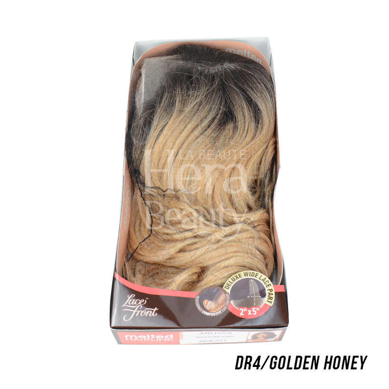 OUTRE melted hairline lace front wig DR4 Golden Honey ombre with dark roots and wavy synthetic hair in box