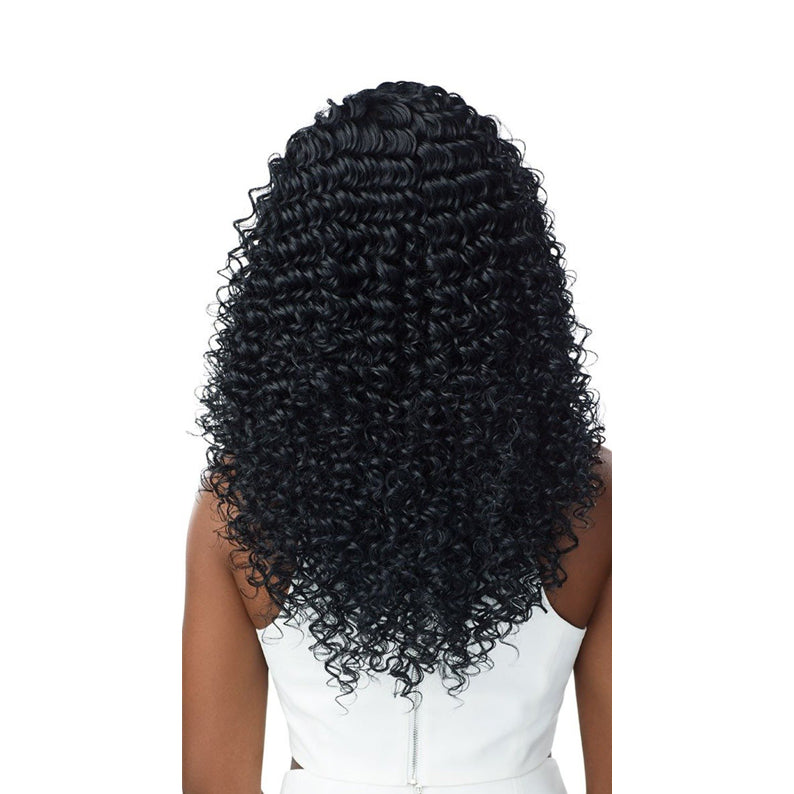 OUTRE 13x6 lace frontal wig deep black long curly wet look back view on model wearing white top