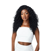 OUTRE 13x6 lace frontal wig long black deep curly hair on model with natural hairline and side part