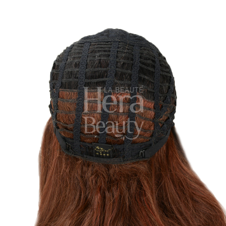 OUTRE 14 inch lace front wig synthetic rear view showing breathable cap construction adjustable straps and auburn hair