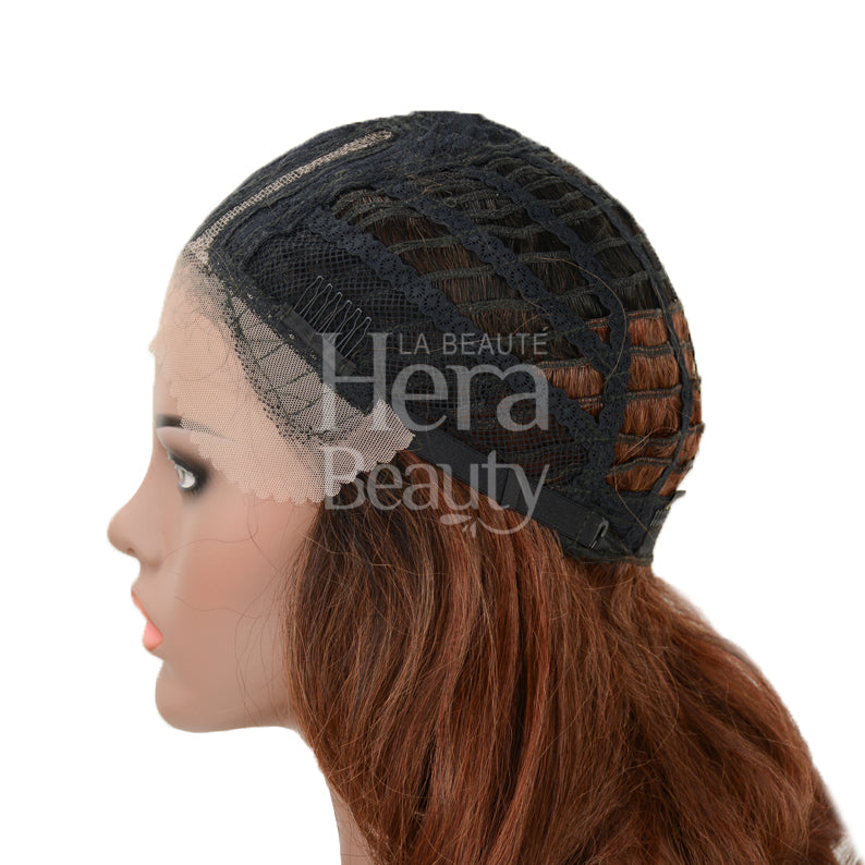 OUTRE 14 inch lace front wig synthetic auburn brown with visible lace front cap on mannequin head