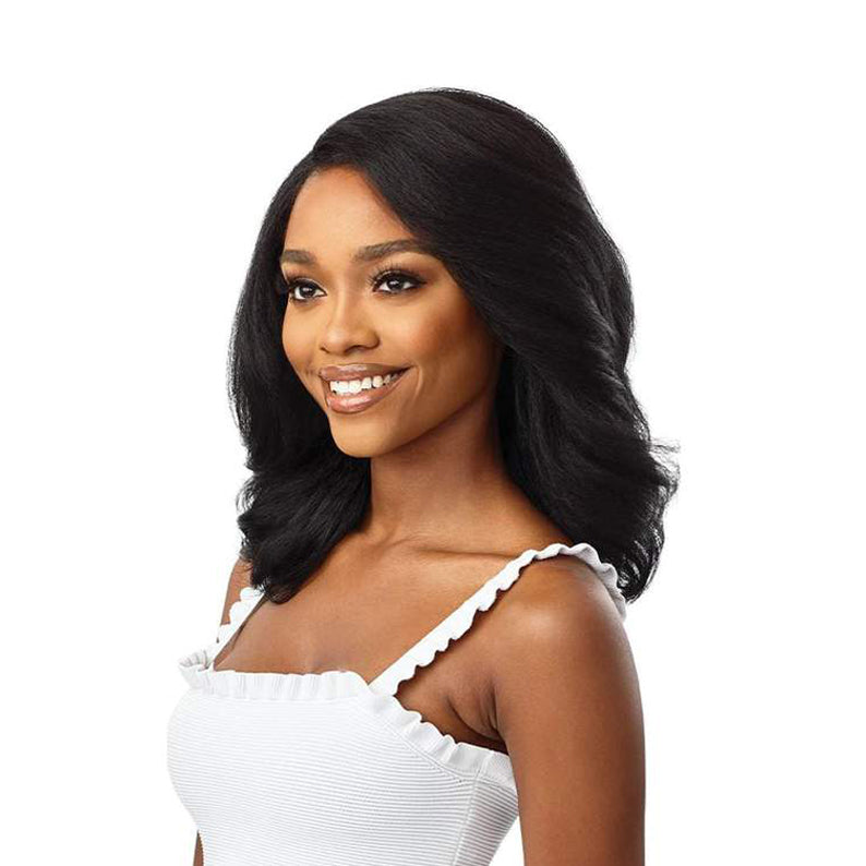 OUTRE 14 inch lace front wig synthetic in natural black shoulder length with soft waves and side part