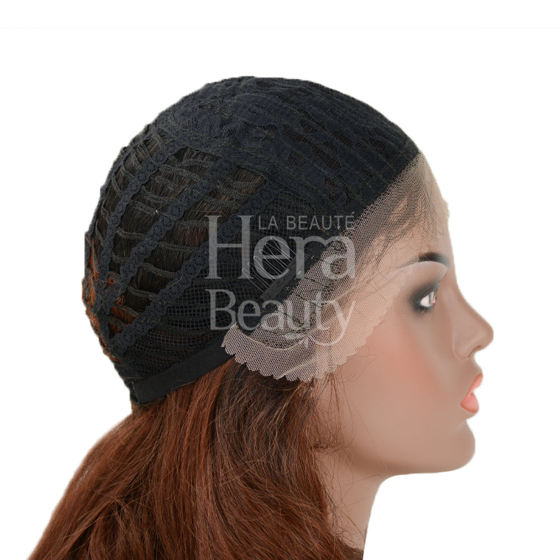 OUTRE 14 inch lace front wig synthetic chestnut brown on mannequin side profile showing lace cap