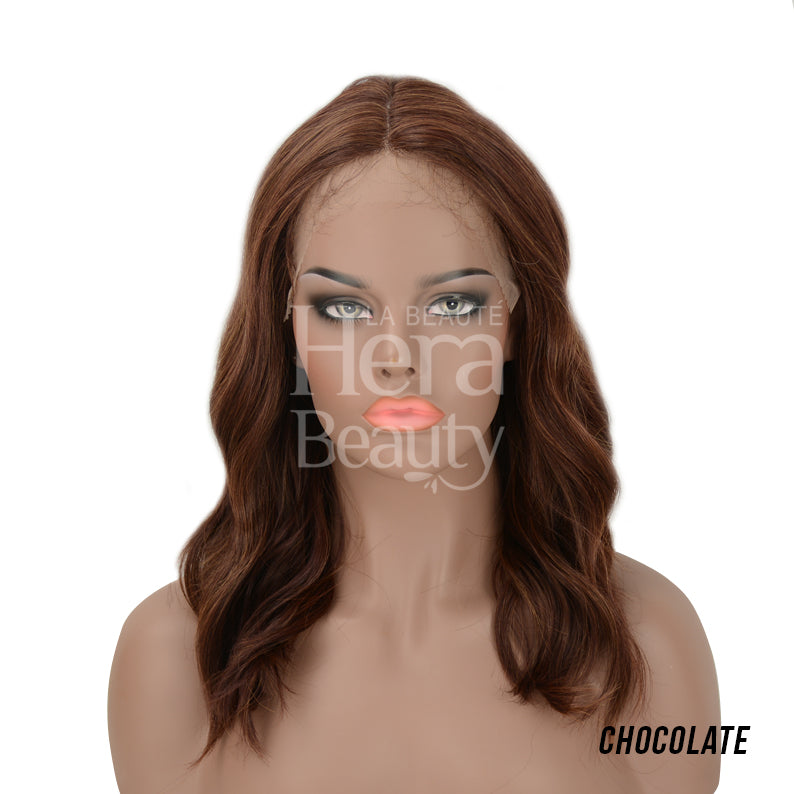 OUTRE 16 inch lace front wig in chocolate brown with soft waves on mannequin head