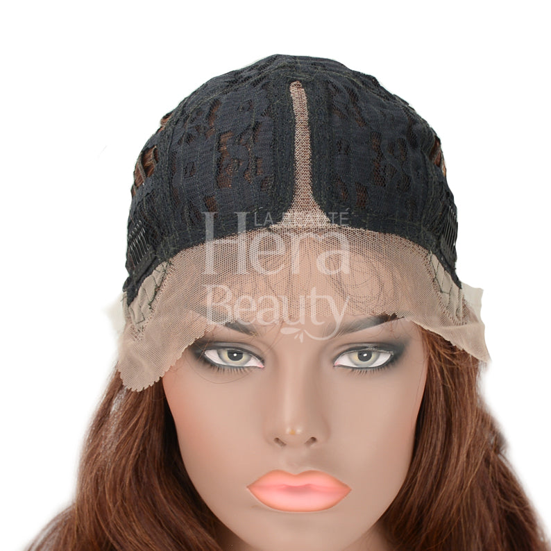 OUTRE 16 inch lace front wig cap showing lace and adjustable straps on mannequin head
