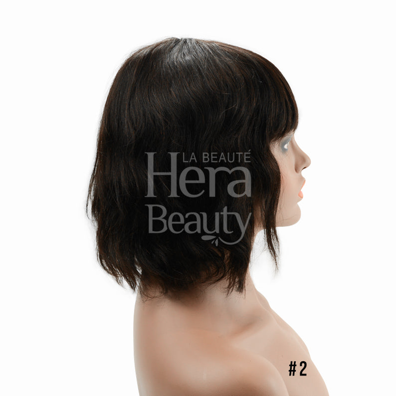 SHAKE N GO Brazilian human hair wig short layered bob with bangs in dark brown shade 2 on mannequin
