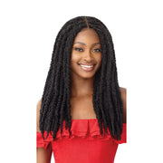 OUTRE butterfly locs lace front wig in natural black shoulder length with center part on smiling model