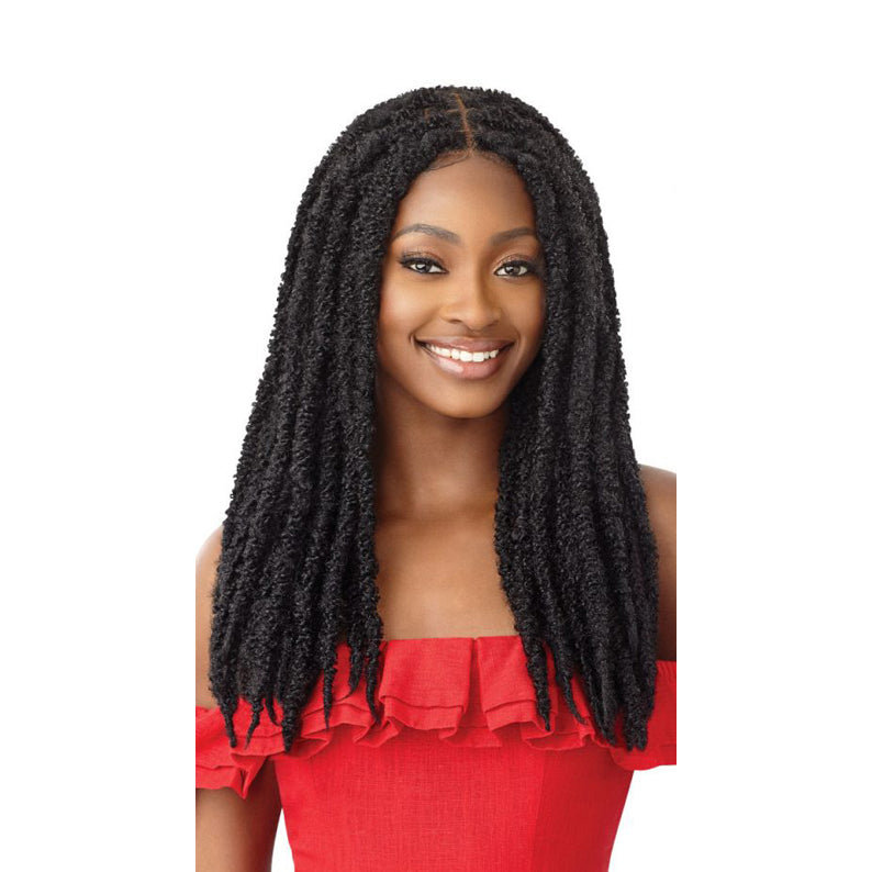 OUTRE butterfly locs lace front wig in natural black shoulder length with center part on smiling model