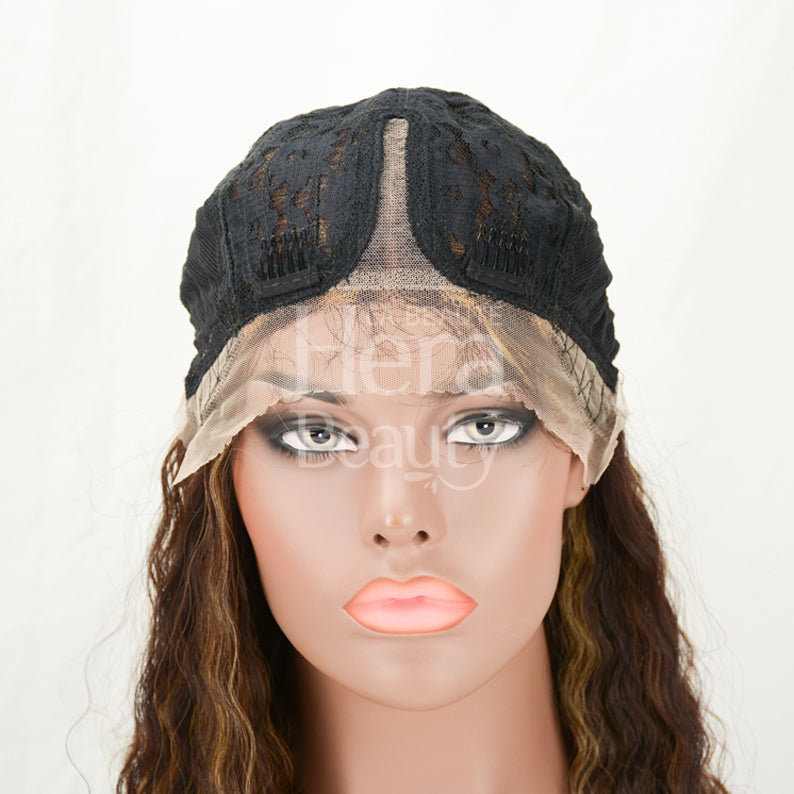 ITS A WIG HD lace front crimped wig on mannequin showing sheer lace front cap and natural brown crimped hair
