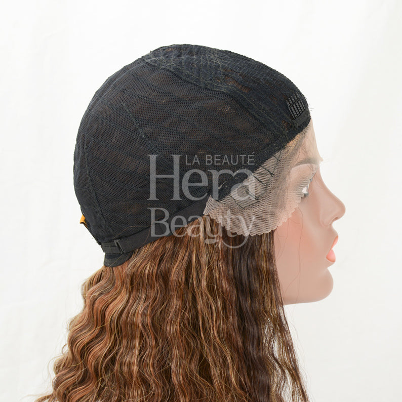 ITS A WIG HD lace front crimped wig on mannequin side view showing sheer lace front and black cap with brown crimped hair