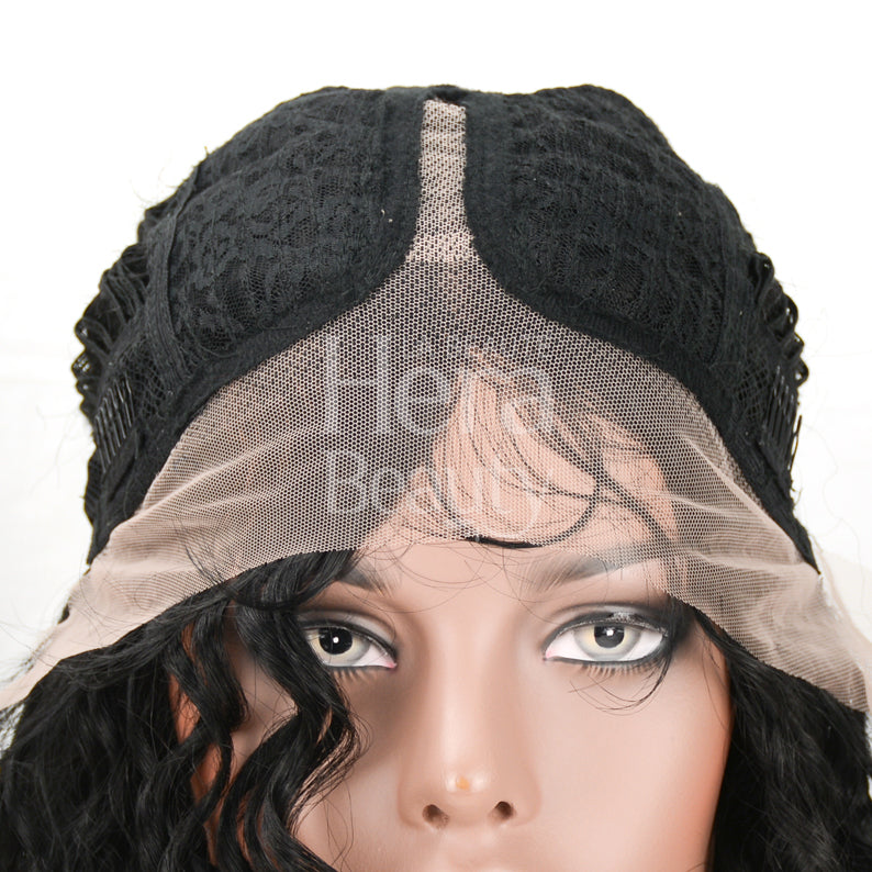 HD lace wig Catalina black lace front on mannequin with natural hairline and wavy black curls