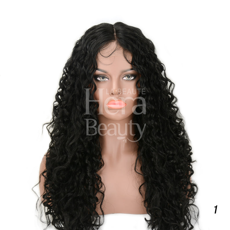 HD lace wig Catalina long black deep wave center part with natural baby hairs on mannequin