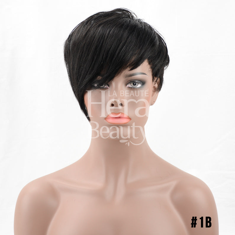 OUTRE black asymmetrical side swept pixie on mannequin human hair pixie wig with sleek straight texture