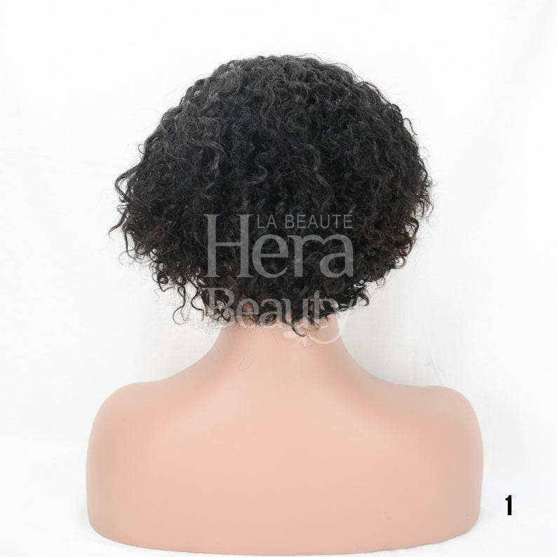 Short black curly human hair T-part wig on mannequin back view for natural styling