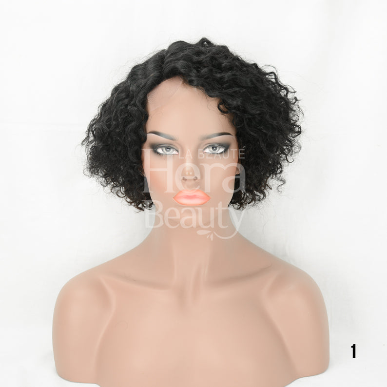 Short black curly human hair T-part wig on mannequin showcasing natural bob style and volume
