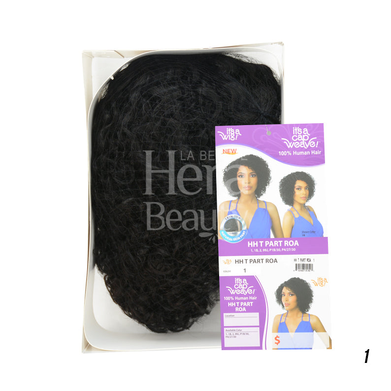 ITS A WIG packaged black curly short wig with model image on card showing style options human hair T-part wig