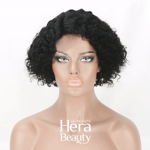 ITS A WIG human hair T-part wig short curly black bob on mannequin with neutral makeup