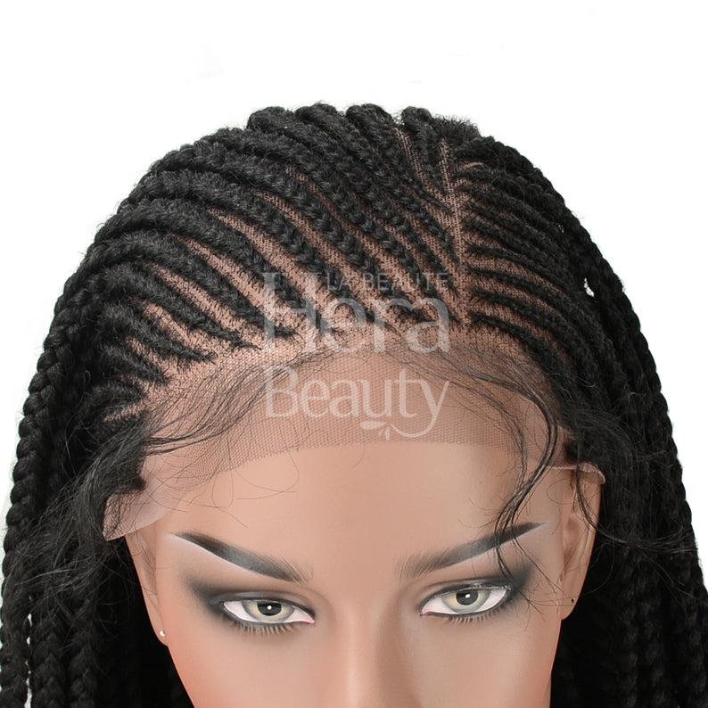 ITS A WIG lace front micro cornrow wig showing natural hairline baby hairs and tight black micro cornrows