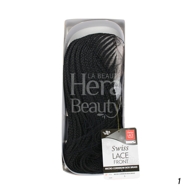 Black micro cornrow box braid wig in clear packaging with Swiss lace front label lace front micro cornrow wig
