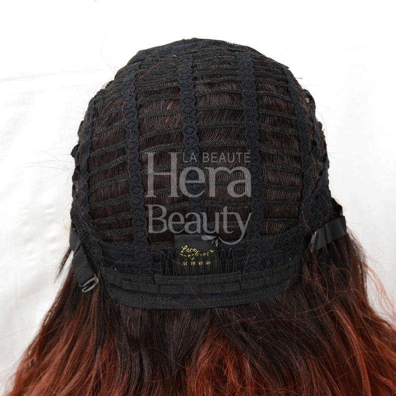 OUTRE lace front synthetic wig back view showing adjustable black wefted cap with brown ombre hair