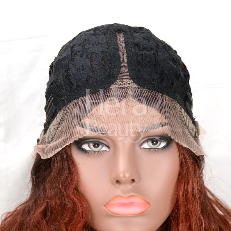 OUTRE lace front synthetic wig on mannequin with red wavy hair and visible lace cap