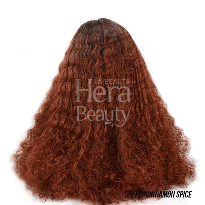 OUTRE lace front synthetic wig long wavy cinnamon spice hair with dark roots back view